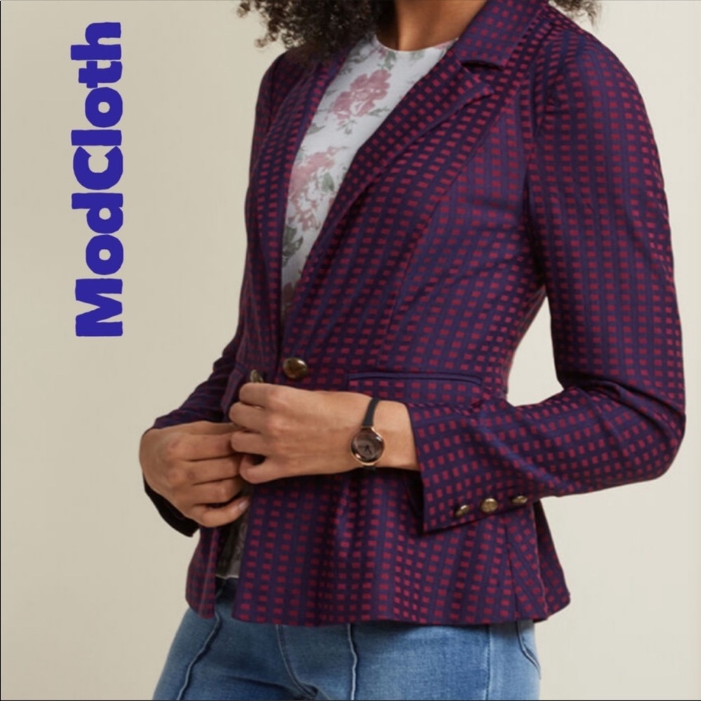 Modcloth Womens small Navy & Maroon Grid Print Bow Back dressy Casual blazer